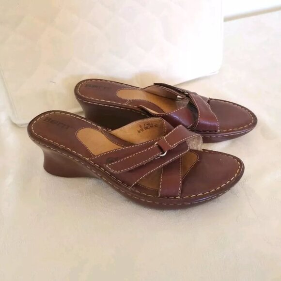 Womens Born Leather Slip On Wedge Sandals 9 M Caramel Brown Open Toe - Picture 2 of 12